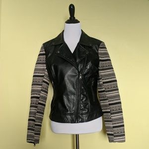 Asymmetrical Black Leather Jacket & Print Sleeves